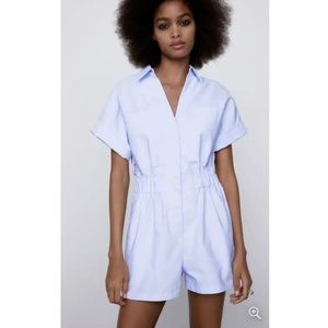 ZARA Oxford Short Jumpsuit Sz M Sky Blue